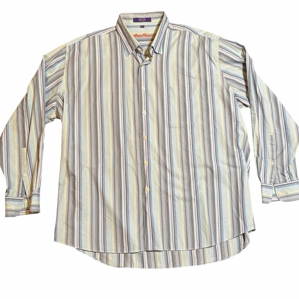 Alan Flusser XL Blue Stripe Button Front Shirt 100% Cotton Long Sleeve Pocket